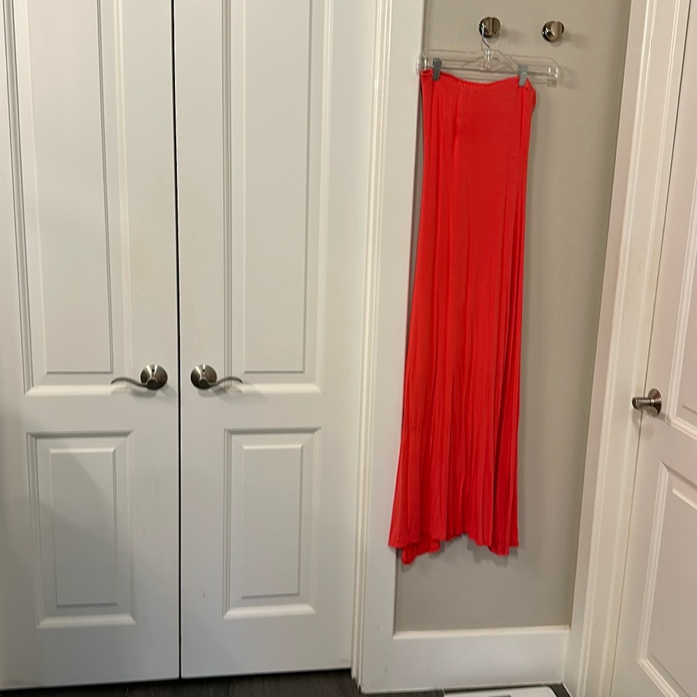 Bright coral strapless dress